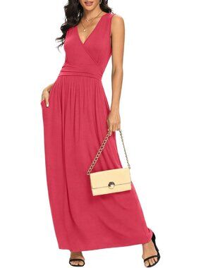 Lilbetter Women's Peach Red Sleeveless Deep Loose Plain Maxi Casual Dress